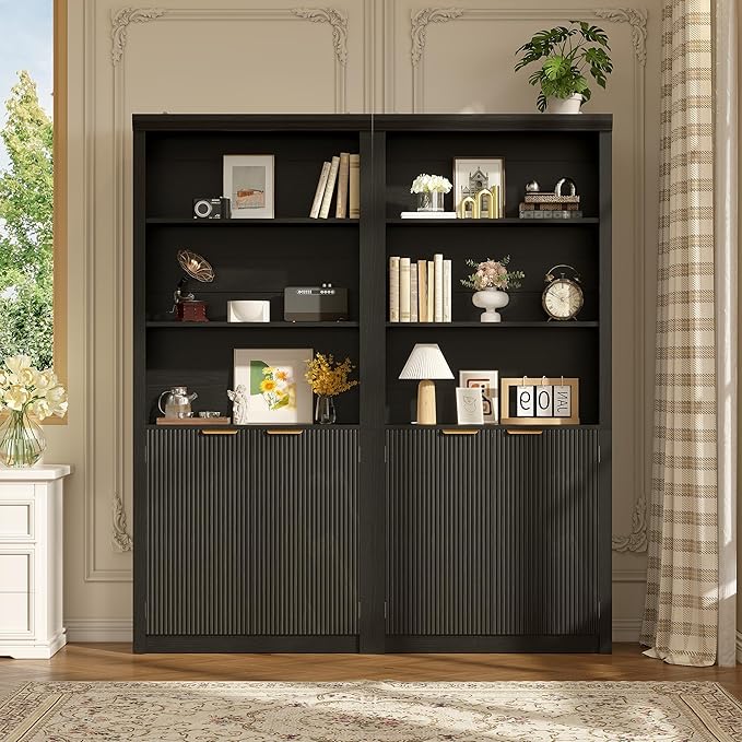 Garvee Tall Book Shelf and Bookcase, Wooden Bookcase with Doors, Modern Book Case with Large Storage Cabinet, 5-Shelf Bookcases with Adjustable top Shelve for Home Office, Living Room, 2 Set Black