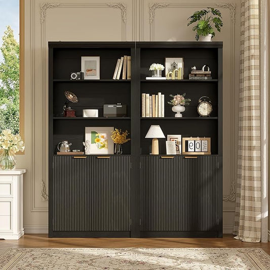Garvee Tall Book Shelf and Bookcase, Wooden Bookcase with Doors, Modern Book Case with Large Storage Cabinet, 5-Shelf Bookcases with Adjustable top Shelve for Home Office, Living Room, 2 Set Black