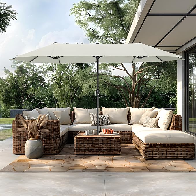 PHI VILLA 13ft Large Patio Umbrellas, Double-Sided Outdoor Market Rectangle Umbrella for Outside, Ivory