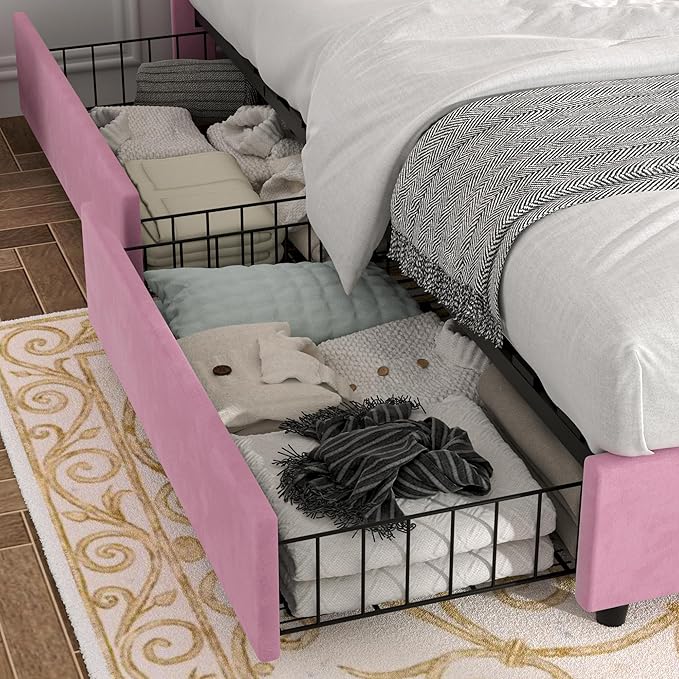 VECELO Full Size Upholstered Platform Bed Frame with 4 Storage Drawers, Adjustable Velvet Rivet Decor Headboard, Wooden Slats Support, No Box Spring Needed, Easy Assembly