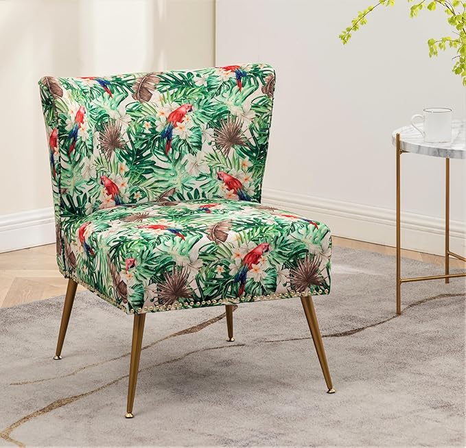 Thia Armless Accent Chair for Living Room, Elegant Seat with Nailhead Trim, Gold Metal Legs and Comfortable Curved Back, 28" D x 25" W x 29.5" H, 06 Floral Print