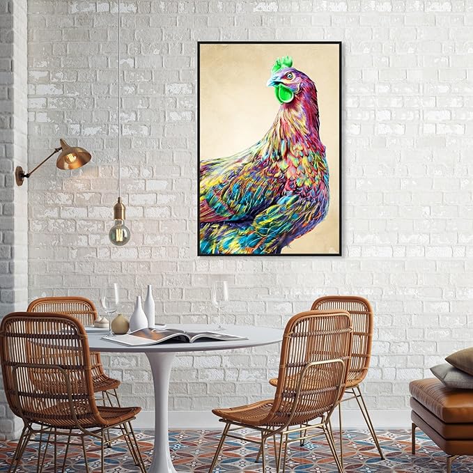 Country Farmhouse Canvas Print Painting Animal Wall Art 'Fun Colorful Glam Rooster' Black Framed Canvas Rustic Home Décor 24x36 in Pink, Green by Oliver Gal