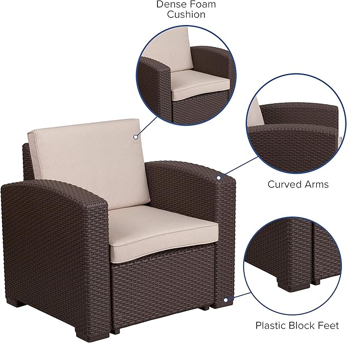 Flash Furniture Seneca Chocolate Brown Faux Rattan Chair with All-Weather Beige Cushion