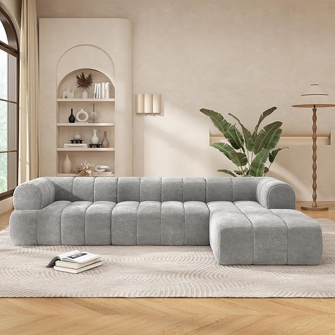 Christopher Knight Home Mania 122" Modular L-Shape Sofa Couch with Chaise Lounge, Modern Sectional Sofa Set for Living Room, Boucle Fabric Upholstered Cloud Couch with Deep Seat, Gray