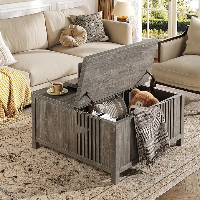 Farmhouse Lift Top Coffee Table with Storage, 35" Square Large Coffee Table with Hidden Compartment, Rustic Wood Center Table for Living Room, Grey Oak