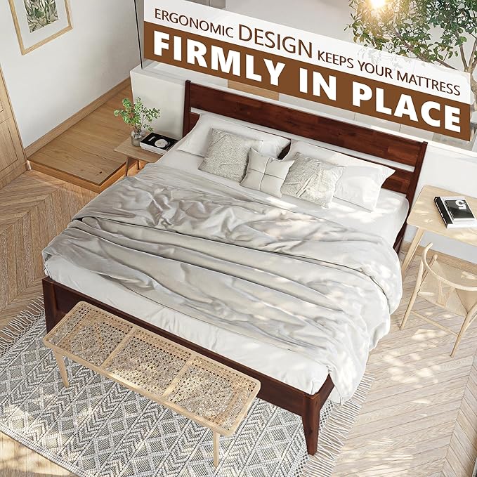 Acacia Emery Bed Frame with Headboard Solid Wood Platform Bed, King Size Bed Frame, Mid - Century Modern Wood Bed Compatible with All Mattresses, Easy Assembly, Non-Slip (Chocolate, Queen)