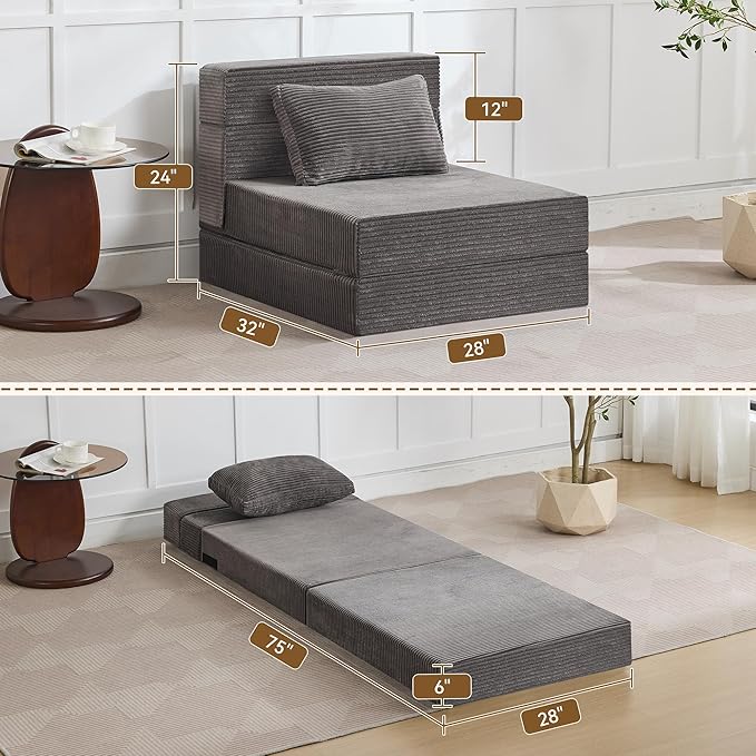 WUTUTUEE Folding Sofa Bed Convertible Floor Couch Foldable Chair Bed with Pillow，Linen Sleeper Chair Futon,Foldable Memory Foam Mattress for Bedroom/Living Room/Dorm/Office (Corduroy Grey, Single)