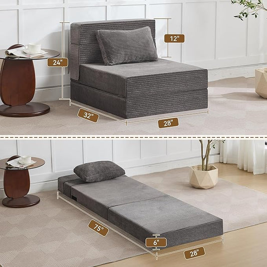 WUTUTUEE Folding Sofa Bed Convertible Floor Couch Foldable Chair Bed with Pillow，Linen Sleeper Chair Futon,Foldable Memory Foam Mattress for Bedroom/Living Room/Dorm/Office (Corduroy Grey, Single)