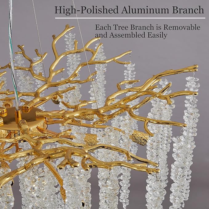 Modern Crystal Tree Branch Chandelier, Gold Round Art Deco Raindrop Lighting Fixture for Dining Room Bedroom Living Room 10 Lights D30''