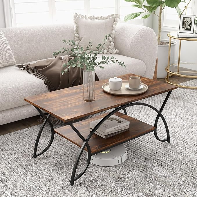 COSTWAY 2-Tier Coffee Table, Industrial Wood Accent Table with Storage Shelf and Black Finished Metal Frame, Chic Rectangular Side End Table for Living Room Office Lounge (Coffee)