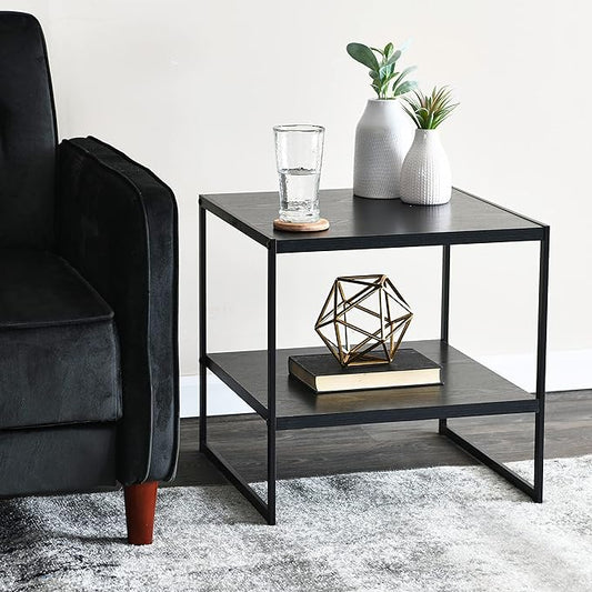 Household Essentials Jamestown Square Side End Table with Storage Shelf Black Oak Wood Grain and Black Metal