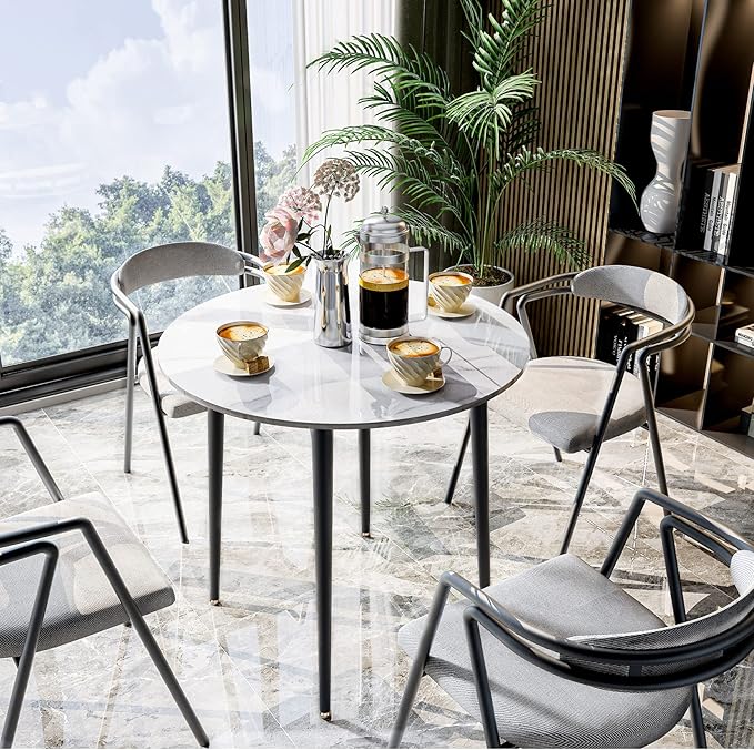Wisfor Sintered Stone Dining Table: 32" Round Reception Table Modern Coffee Table Marble Table with Metal Legs for Kitchen Living Room Office Patio Seaside (White)