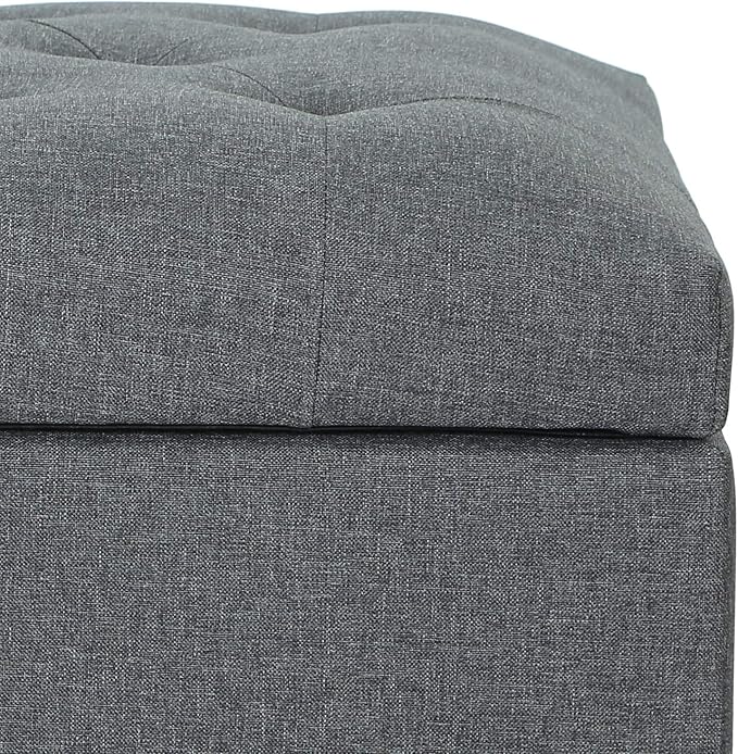 Adeco Classy Linen Blend Fabric Accents Rectangular Storage Bench Ottoman Footstool, Footrest Side Table for Living Room Bedroom, Gray