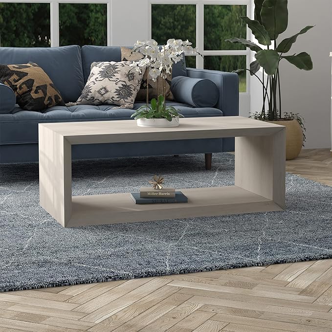 Henn&Hart 48" Rectangular Wood Coffee Table with Open Storage Shelf for Living Room, Family Room, or Office, Beech White