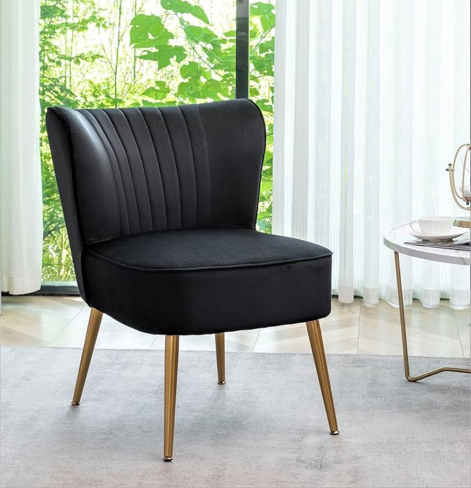 Modern Velvet Accent Chair for Living Room, Bedroom, or Entryway, Stylish and Comfortable Armless Design with Metal Legs, Black
