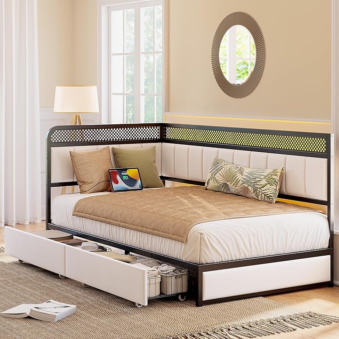 LIKIMIO Twin Corner Bed Frame with Storage Drawers and Charging Station, Modern Twin Daybed with LED Lights and Upholstered Guardrail, Beige