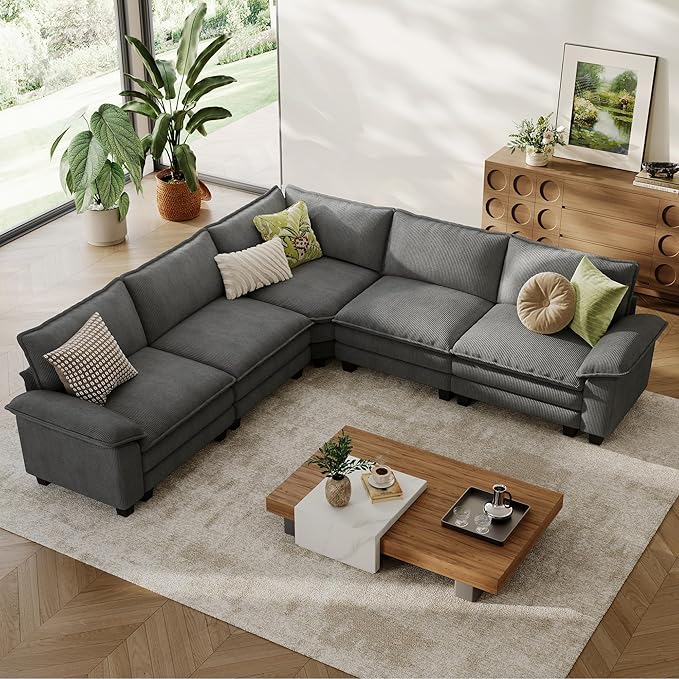 LINSY HOME Modular Sectional Sofa Couch Corduroy Cloud Couches for Living Room, V-Shaped Cloud Couch Sectional Sofas for Bedroom and Apartment, Grey