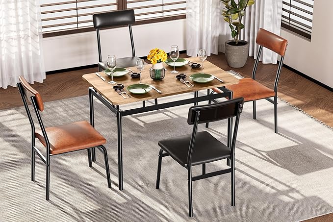 Garvee Dining Table Set for 4, 5 Piece Wooden Dining Table and Chairs, 4 PU Upholstered Chair, Modern Metal Frame Dinette Set for Dining Room, Home Dinner, Party, Apartment, Brown + Black