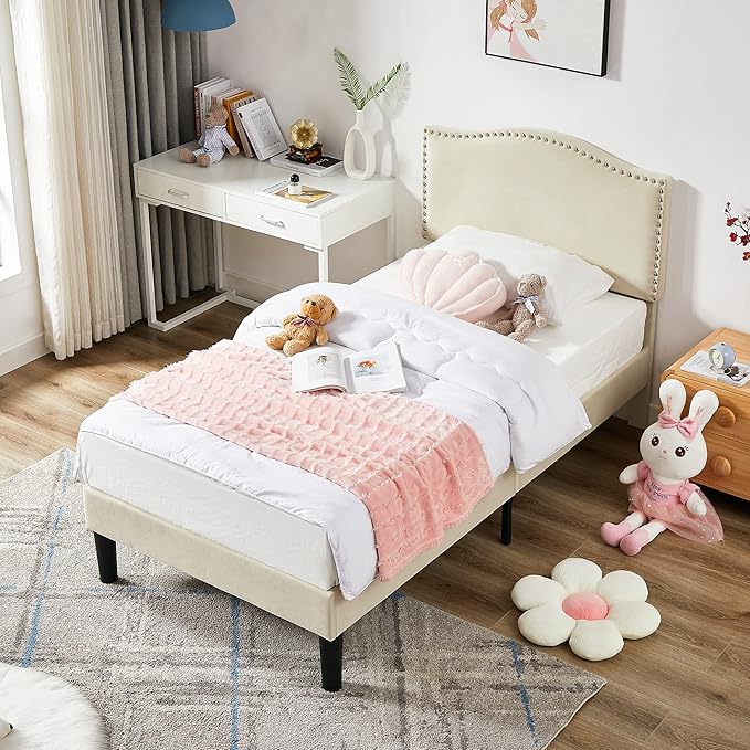 VECELO Twin Bed Frame Platform Bed Frame with Upholstered Headboard, Strong Frame and Wooden Slats Support, Strong Weight Capacity, Non-Slip and Noise-Free, Easy Assembly,Beige