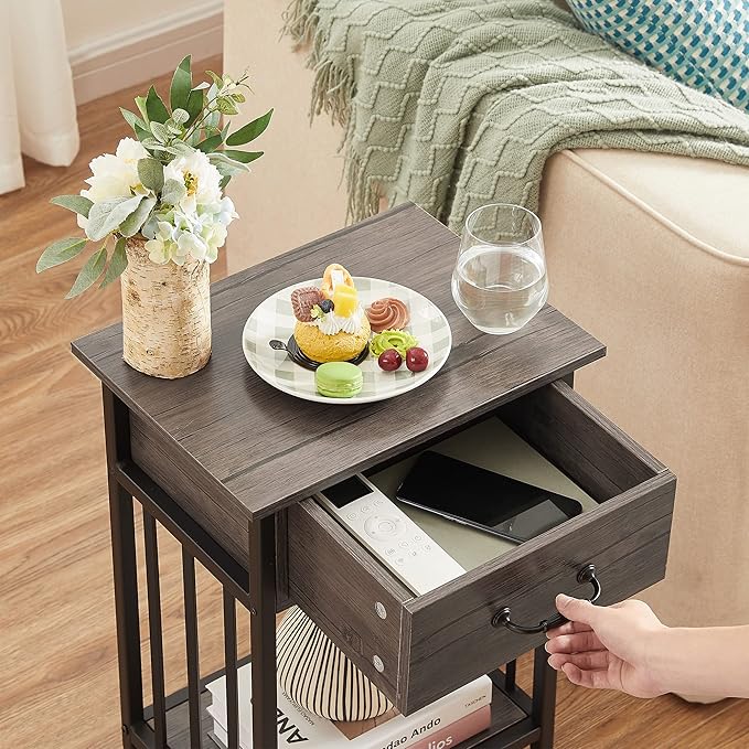 VECELO Night Stand Set 2 with Drawer and Storage Shelf,15.7x11.8x23.6 inches Bedside Table End Table,Wood Nightstands for Bedroom, Living Room,Sofa,Gray,2 Sets