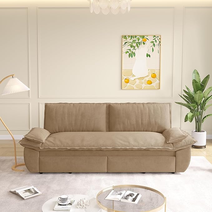 KEIKI 73.2" Luxury Queen Sleeper Sofa Bed, 3-in-1 Convertible Pull Out Couch with Chaise Lounge, Plush Corduroy Cloud Loveseat Sofa for Deep Relaxation Living Room Bedroom Comfort Seating