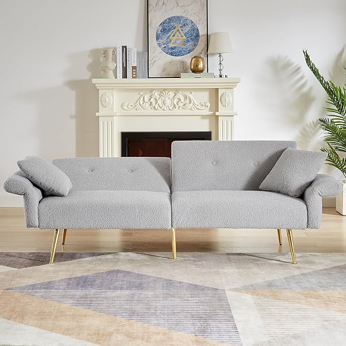 Eafurn Teddy Futon Sofa Bed Modern Folding Futon Set Convertible Recliner Lounge Sleeper Couch with Adjustable Armrest and Backrest for Living Room Apartment | Golden Legs, Wood Frame, Side Pockets
