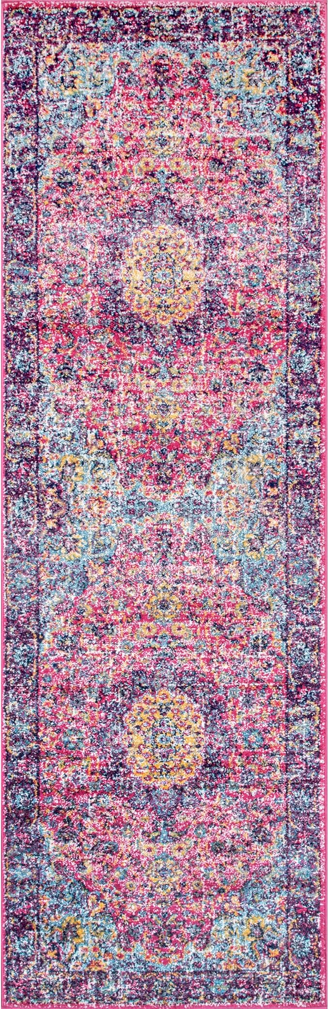Nuloom Verona Fuchsia/Yellow, 2'8" x 8', Vintage Medallion, Soft and Cozy, High Traffic, Stain Resistant, Easy Clean, Durable Runner for Bedroom, Living Room, Dining Space, Den, Foyer, Entryway