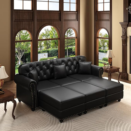 KEIKI 83" Faux Leather Chesterfield Sofa with Rolled Arms & Nailhead Trim & 3 Ottoman, 3-Seater Button Tufted Couch with High Resilience Cushion & 3 Pillow, Easy Assembly, for Living Room, Black
