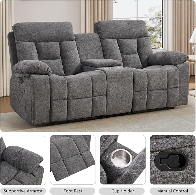 EBELLO Loveseat Recliner Sofa for Living Room, Extra Wide Modern Overstuffed 2 Seat Reclining Manual Sofa Chair, with Hidden Armrest Cup Holders, Breathable Fabric, Light Grey