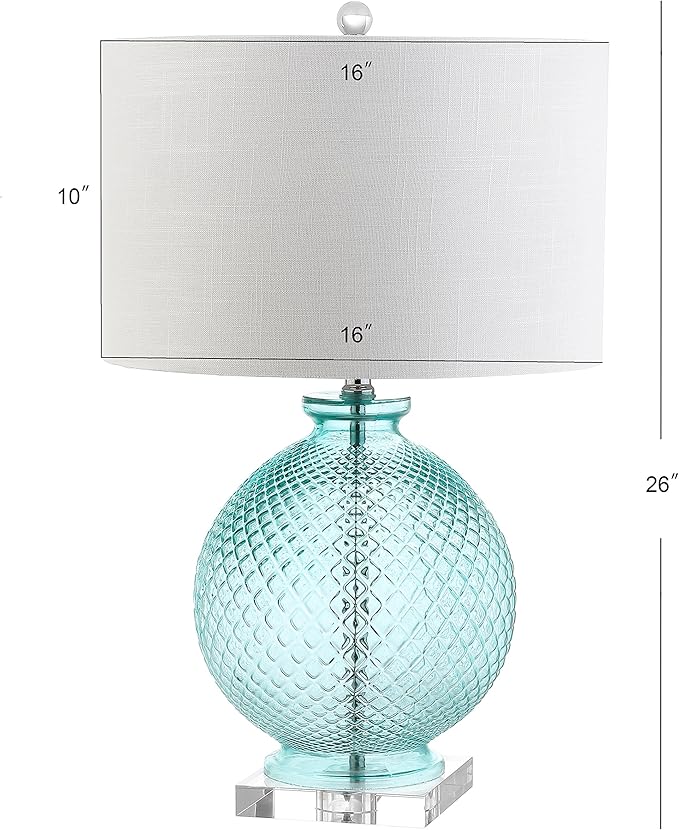 JONATHAN Y 26" Aqua Diamond-Etched Glass and Crystal Table Lamp, Coastal Transitional Bedside Lamp with White Linen Drum Shade for Living Room, LED Bulb Included JYL2003A