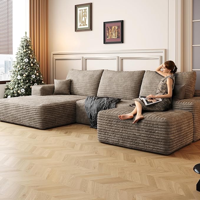107" U Shaped Cloud Corduroy Couch with Ottoman, Comfy Sectional Boneless Couches for Living Room Bedroom, Deep Seat Sleeper Compression Sofa, No Assembly, Left Facing Chaise, Camel