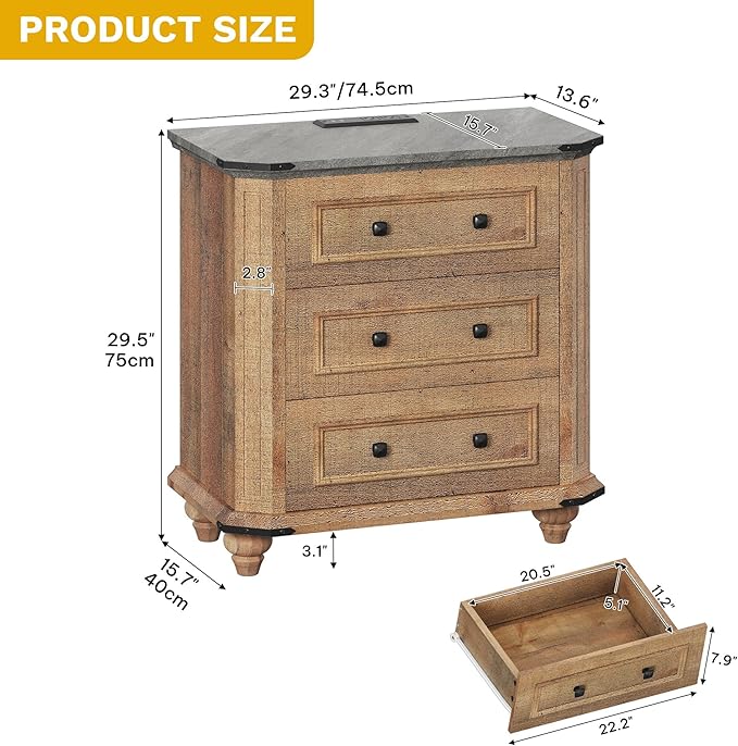 DWVO Nightstand Set of 2 with Charging Station, 29" Wide Farmhouse Bedside Table with 3 Drawers, Wood Night Stand w/Storage, Rustic Bed Side End Table for Bedroom Dorm Small Space, Brown