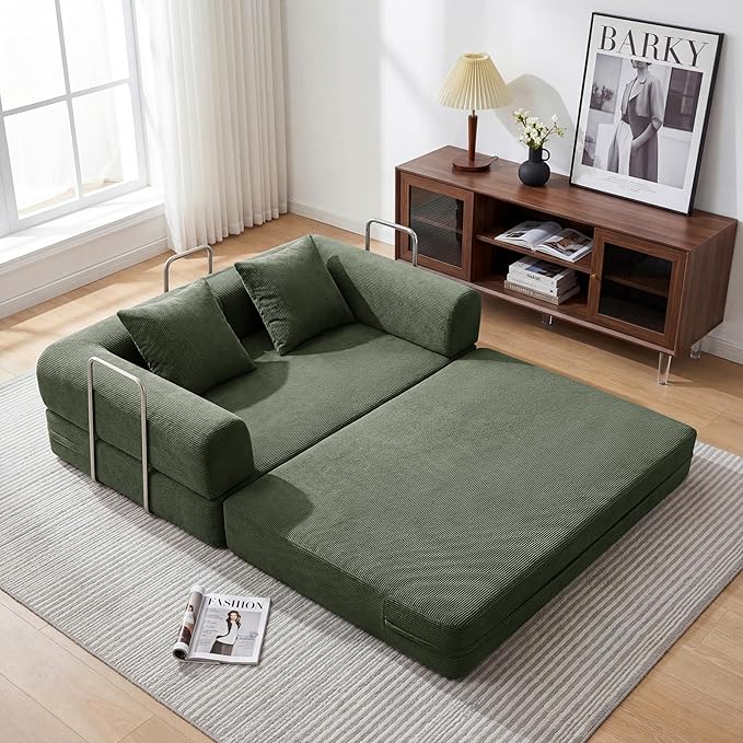 59'' Convertible Compressed Corduroy Folding Cloud Sofa Bed, Modern Boneless Pull Out Loveseat Sleeper in a Box, 4 in 1 Floor Mattress Futon Cloud Couch, No Assembly Needed, Green, 2 Pillows, Queen