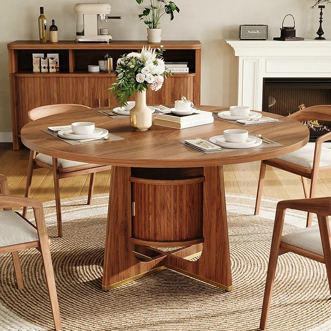 IRONCK 47 Inch Round Dining Table for 4-6 People with Built-in Storage Cabinet, Mid-Century Modern Kitchen Table for Dining Room, Kitchen, Living Room (Walnut)