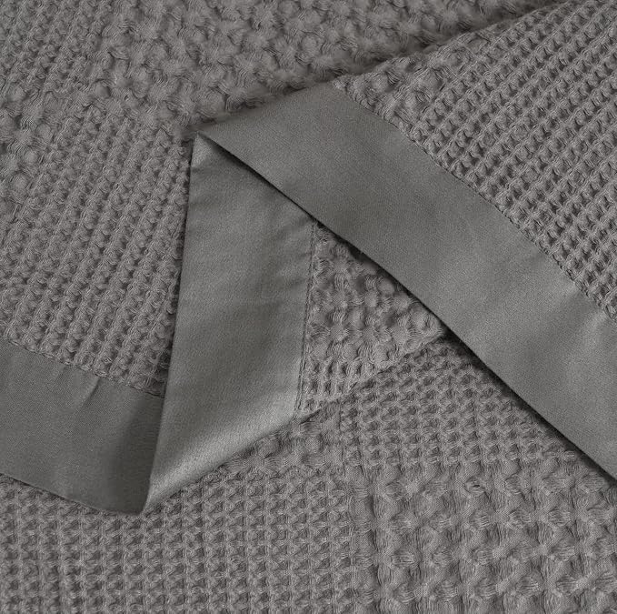 meadow park Cotton Waffle Blanket with Sateen Binding - Twin Size - Lightweight and Breathable - Charcoal Color