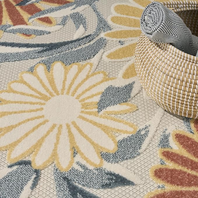 Nourison Home Aloha Ivory Rose 9' x 12' Area Rug - Easy Clean, Non Shedding, Bed Room, Living Room, Dining Room, Kitchen (9' x 12')