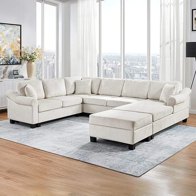 ERYE 112-Inch U-Shaped Sectional Sofa with Movable Storage Ottoman, Oversized Chenille Upholstered Corner Modular Sofa Couch W/Right Facing Chaise Lounge and 3 Toss Pillows