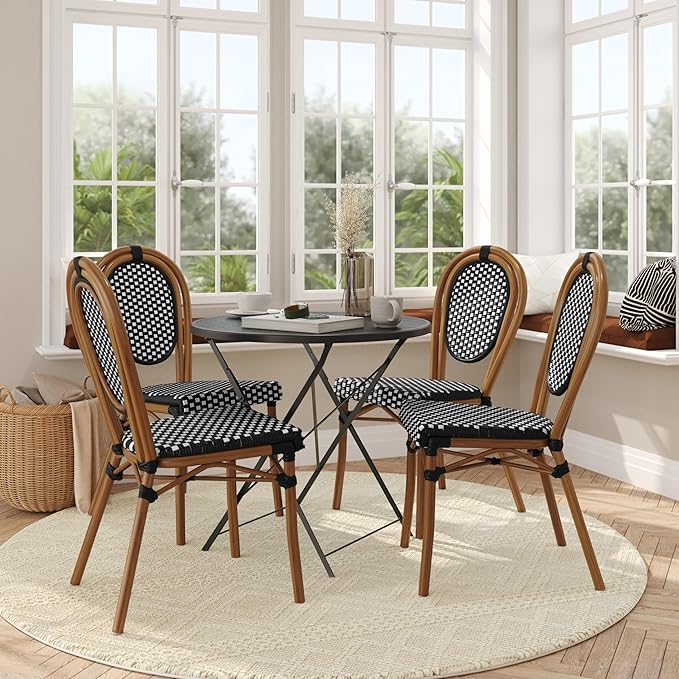 Flash Furniture Lourdes Indoor/Outdoor Commercial Thonet Bistro Stack Chair - Black/White PE Rattan Back and Seat - Natural Bamboo Print Metal Frame - 4 PK
