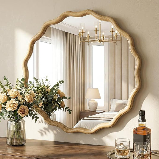 Round Wood Mirrors for Wall, 28" Boho Circle Wavy Mirror with Wooden Frame, Decorative Mirror with Tempered Glass, Natural Wooden Frame Vanity Mirror for Bedroom, Living Room, Entryway