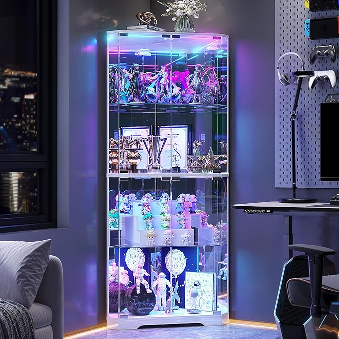Corner Display Cabinet with Glass Doors, 64.7" Tall Curio Cabinet with RGB Lights for Collectibles, 4-Tier Showcase Display Case with Human Sensor for Toys, Books, White