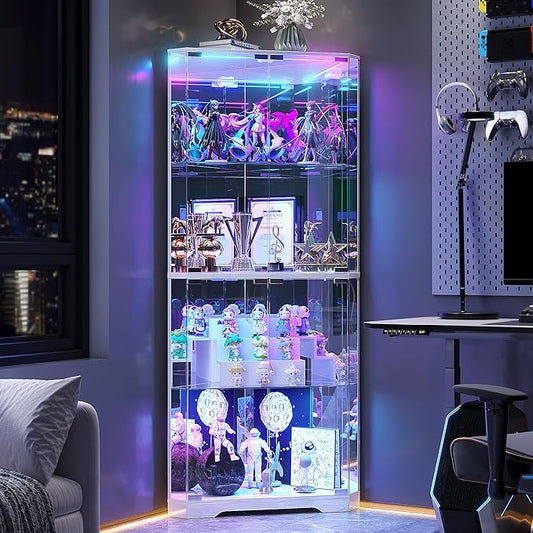 Corner Display Cabinet with Glass Doors, 64.7" Tall Curio Cabinet with RGB Lights for Collectibles, 4-Tier Showcase Display Case with Human Sensor for Toys, Books, White
