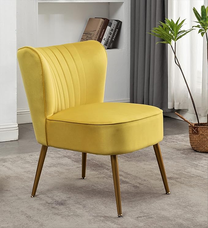 Modern Velvet Accent Chair for Living Room, Bedroom, or Entryway, Stylish and Comfortable Armless Design with Metal Legs, Yellow
