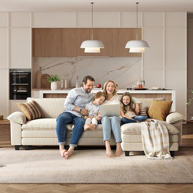 LINSY HOME 123'' Modular Sectional Sofa Beige Couch Corduroy Cloud Couches for Living Room, L Shaped Couch with Movable Ottoman, Modern Cloud Sectional Sofas for Bedroom and Apartment, Beige