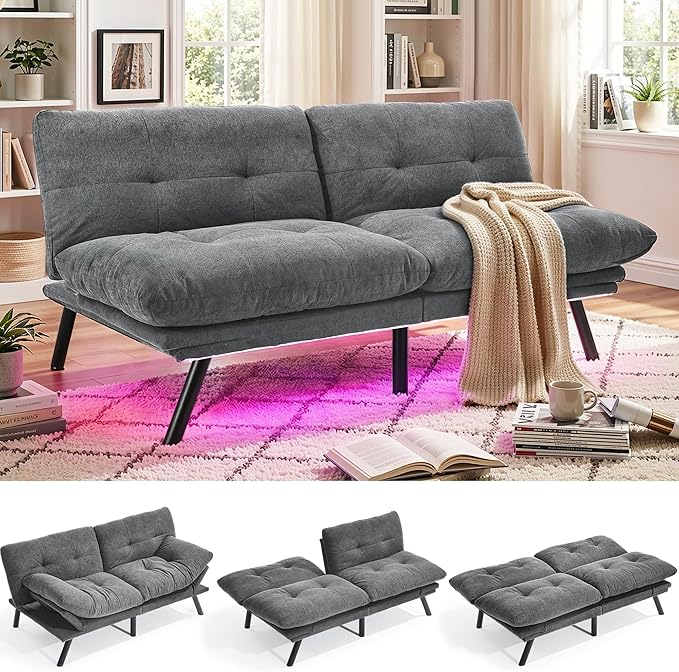 YITAHOME Convertible Futon Sofa Bed with Adjustable 3 Color Light Strip, 70" Folding Futon Set for Living Room Home Office Aprtment, Modern Futon Couch with Adjustable Backrest & Armrests, Grey