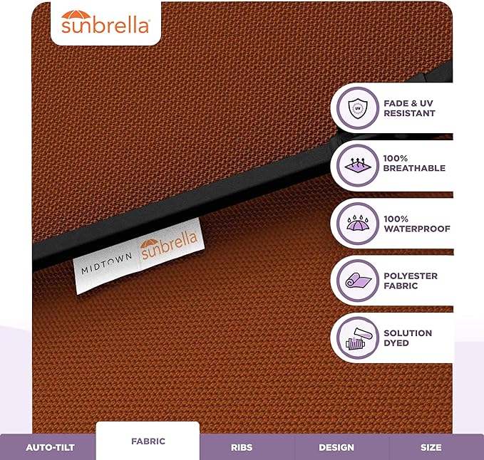 Midtown Umbrellas - The Lean 8 Ft Patio Umbrella with Fade-Resistant Sunbrella Fabric, Auto-Tilt Aluminum Frame and 8 Reinforced Ribs for Deck, Pool & Garden - Terracotta Canopy, Black Pole