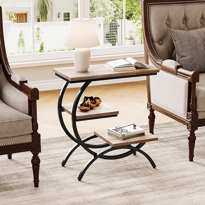 LITTLE TREE End Table Set of 2, Narrow End Table with 3 Storage Shelves, Industrial C-Shaped Small Sofa Side Table for Living Room, Wood Slim Snack Table with Black Metal Frame, Oak