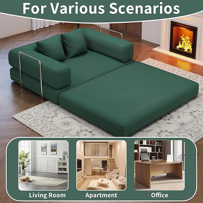 BSHOMGI Folding Sofa Bed Convertible Corduroy Couch Queen Size Floor Sleeper 4-in-1 DIY Combination Modular Lazy Sofas Fold Futon Lounge for Living Room (Green, 53.15" Double Sofa)