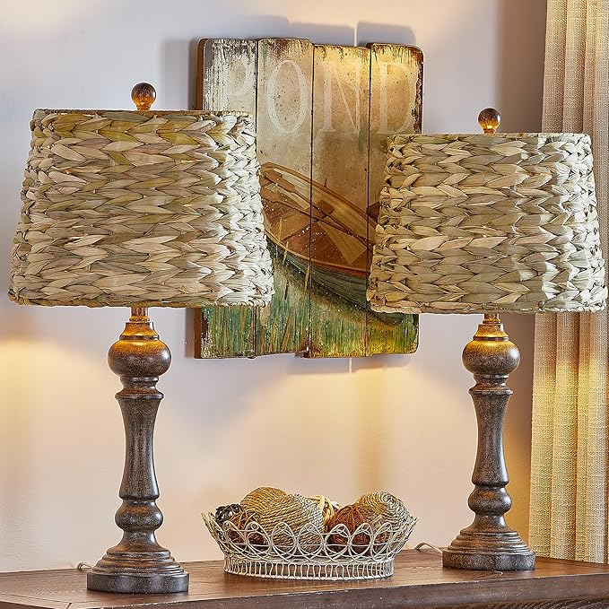 Maxax 26" Farmhouse Table Lamps Set of 2 for Living Room, Rustic Resin Bedside Lamp with Woven Rattan Shade, Boho Rattan Bedroom Lamp for Nightstand, Antique Brown