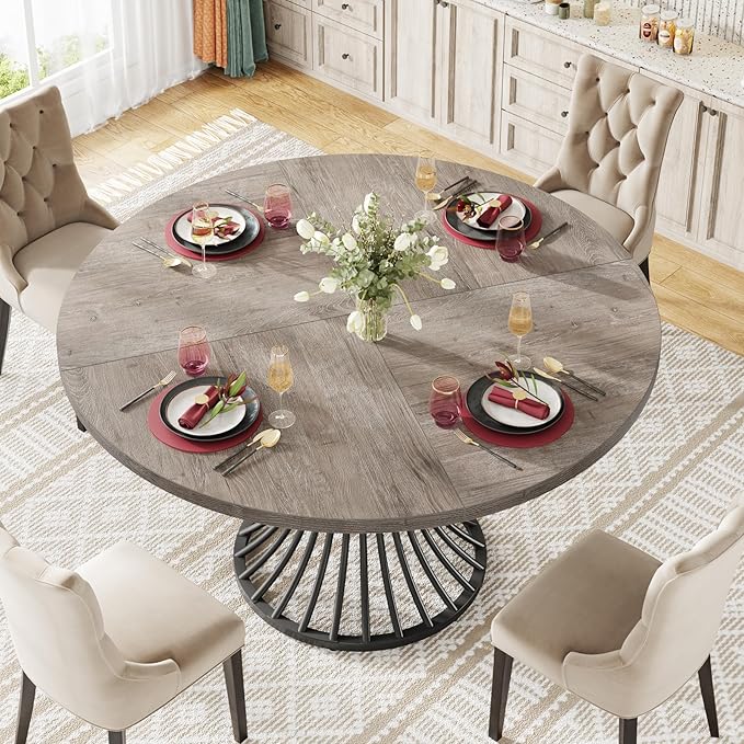 Tribesigns Round Dining Table for 4-6 People, 47-Inch Farmhouse Dinning Room Circle Kitchen Table, Industrial Dinner Table with Metal Base for Kitchen, Living Room, Gray