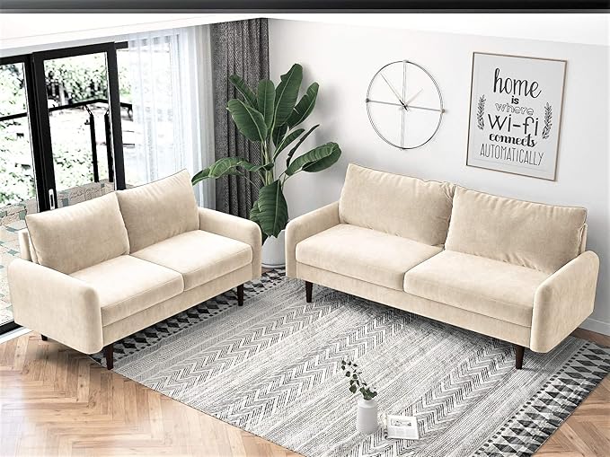 Container Furniture Direct Americus Velvet Upholstered 2 Seater Couch for Living Room, with Luxurious Mid Century Modern Design and Wooden Base, Loveseat, Beige